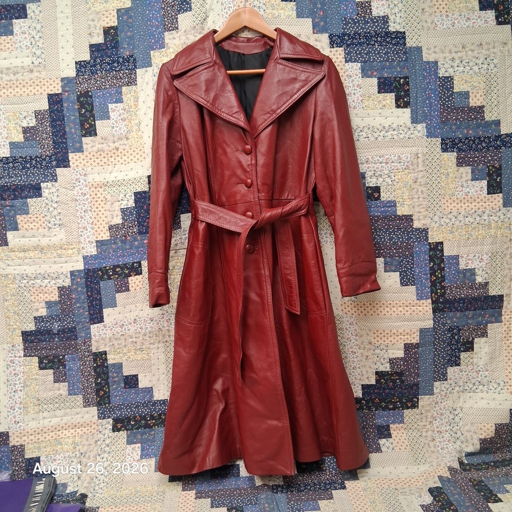 True Vintage 70s Womens Small Oxblood Leather Maxi Trench Coat Belted Boho Disco
